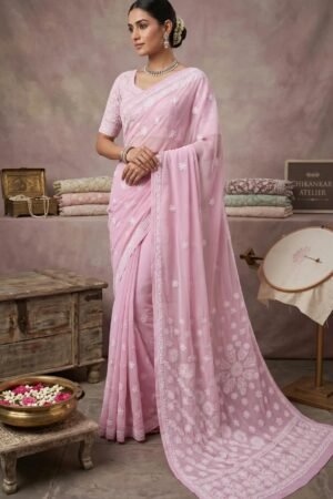 Pink Chikankari Saree